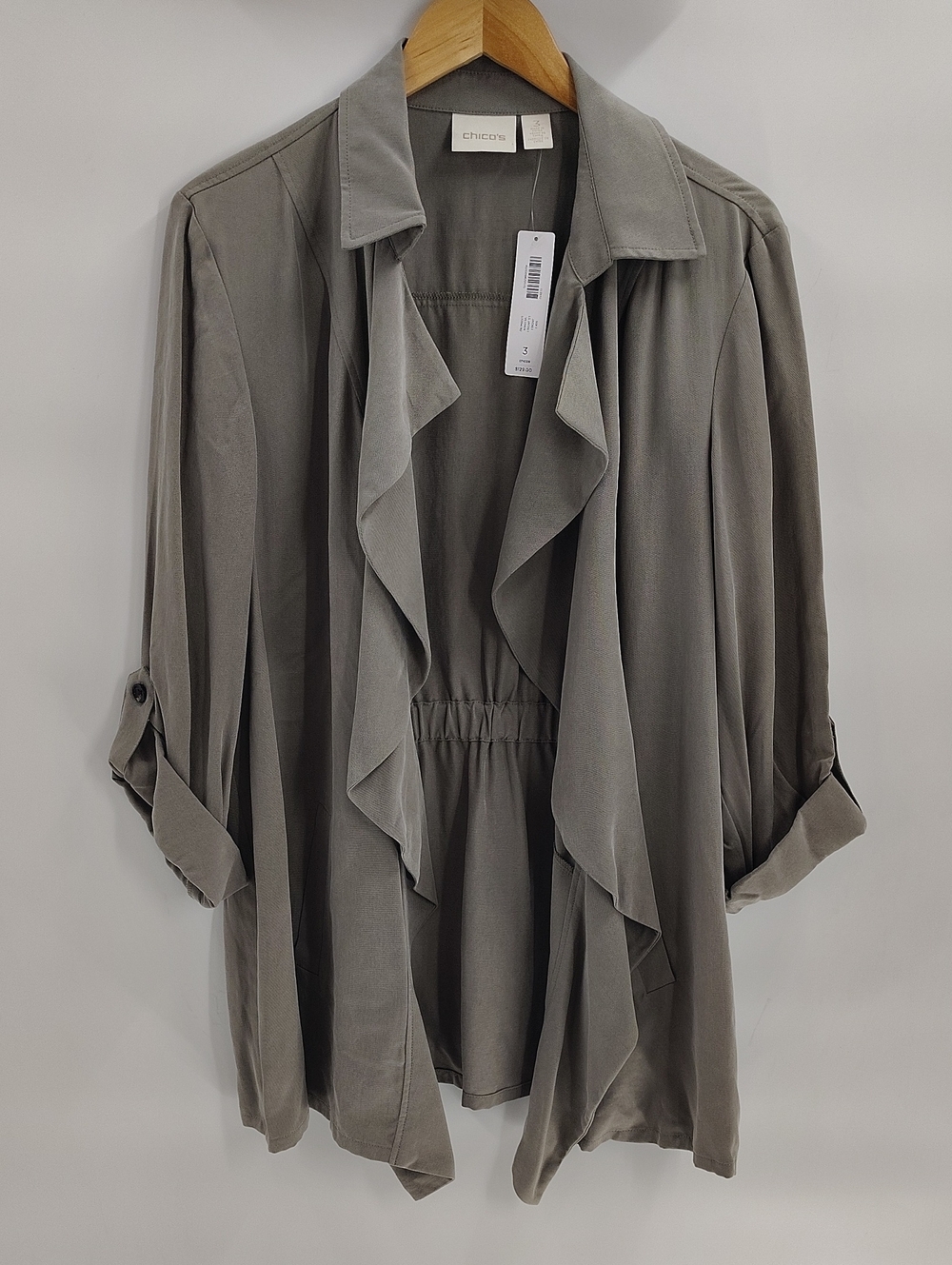 Chico's Open Front Soft Jacket Large (3) Roll Tab Sleeve Waterfall Collar NWT